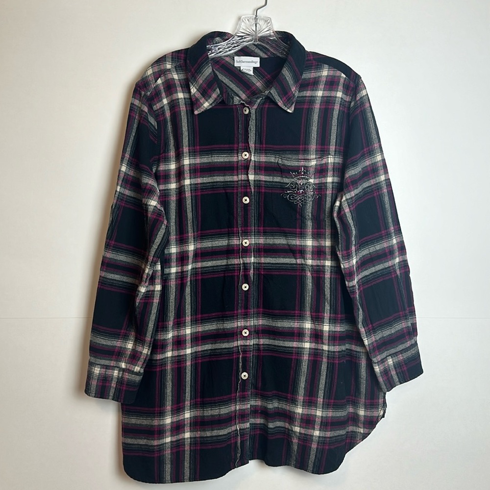 Soft Surroundings Pink Black Plaid Flannel Button Down Tunic Size 1X